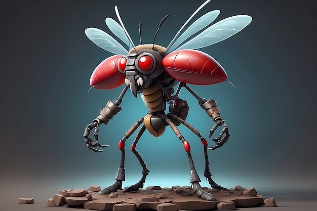 Fantasy Big Mosquito cartoon personage met zes pack lichaam in de klaar voor de oorlog met geavanceerde wapen stand met twee voeten