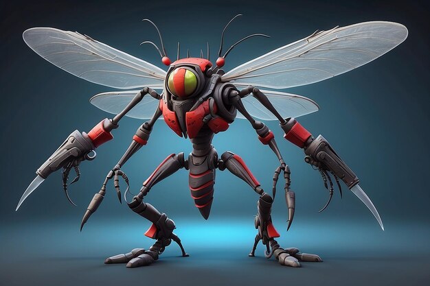 Fantasy Big Mosquito cartoon personage met zes pack lichaam in de klaar voor de oorlog met geavanceerde wapen stand met twee voeten