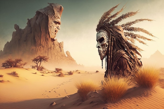 Foto fantasia grande testa di teschio si trova nel deserto generativa ai illustrazione di teschio come spirito del concetto del deserto.