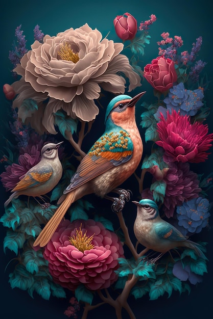 Fantasy Bird op bloemen kolibrie Luxe behang poster AI illustratie
