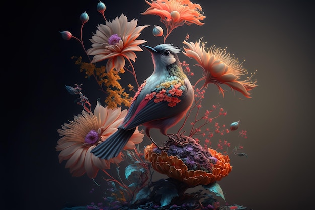 Fantasy Bird op bloemen kolibrie Luxe behang poster AI illustratie