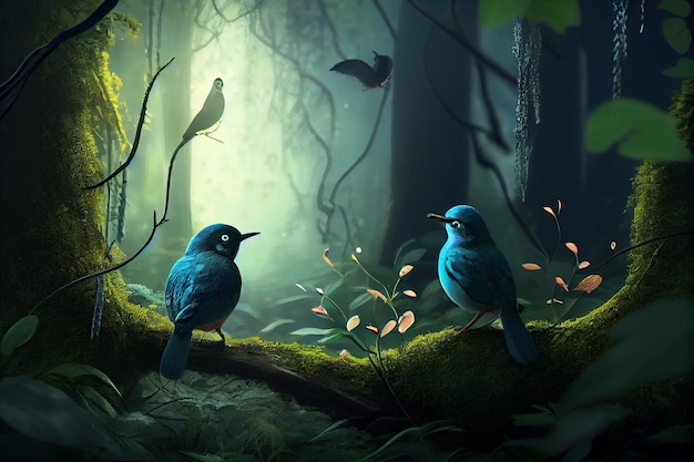 Fantasy birds in a beautiful fairytale enchanted forest with big trees Generative AI