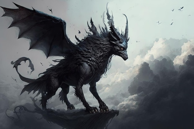 Fantasy black creature walking in air against sky with clouds