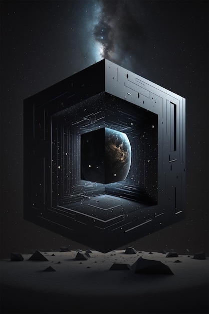 Fantasy black cube in space