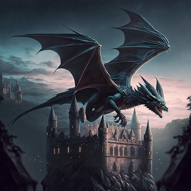 Fantasy black dragon flying over castle