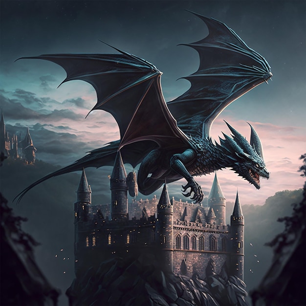 Premium Photo | Fantasy black dragon flying over castle