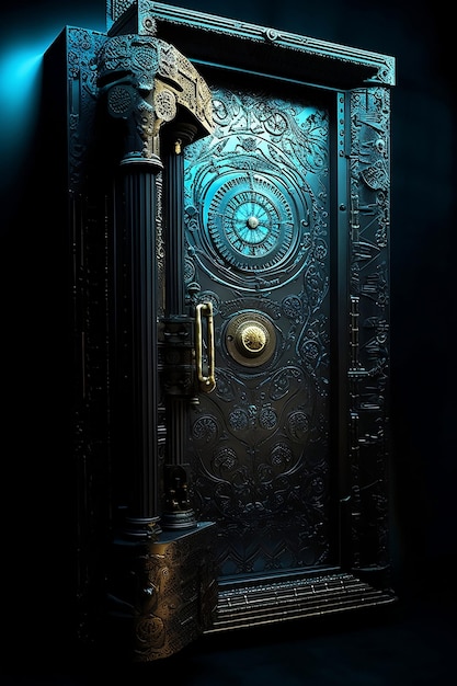 Fantasy black heavy door with ornaments in blue light