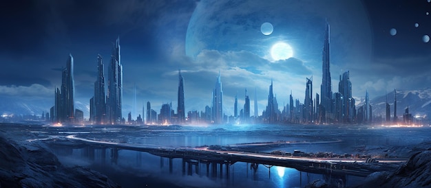 Fantasy blauw neonlicht op cyberpunk stadslandschap achtergrond