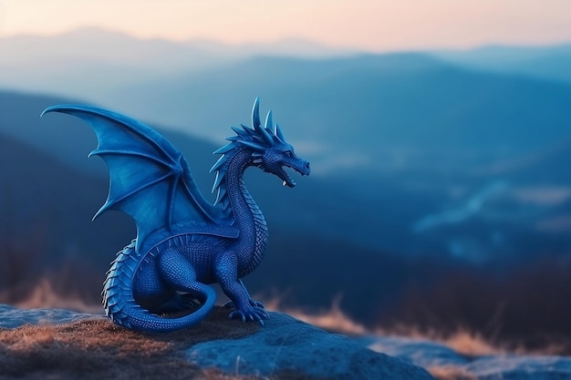 Фантастический синий дракон на фоне горного пейзажа