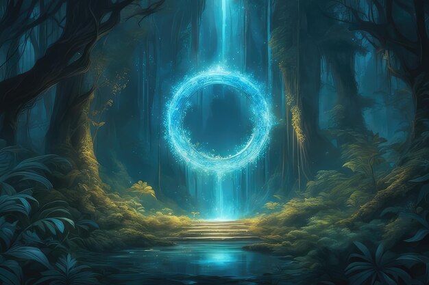 Photo a fantasy blue glowing portal in the forest in flat art style