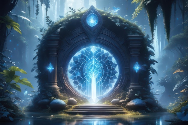 A fantasy blue glowing portal in the forest