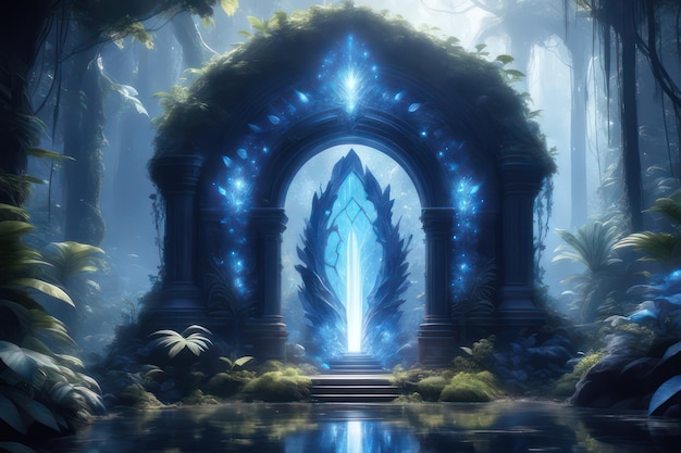 A fantasy blue glowing portal in the forest