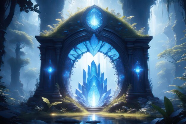 A fantasy blue glowing portal in the forest