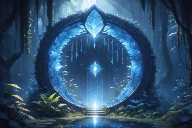 A fantasy blue glowing portal in the forest