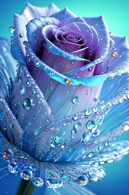 Fantasy Blue Magick Crystal Rose met watersplitsingen en diamant behang op de achtergrond