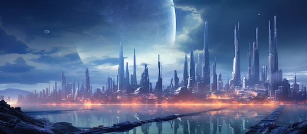 Фантастический синий неоновый свет на фоне ландшафта киберпанк-города