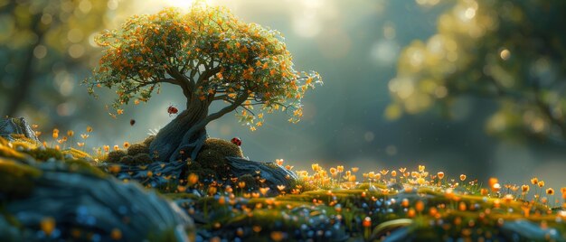 A fantasy bonsai carmona tree in an elf forest a fairytale glade in the elves39 magic wood with sunrise rays and blooming golden bluebells in a fairy tale garden