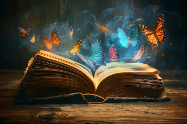 ファンタジー・ブック 蝶が空を飛ぶ オープン・ブックの背景や壁紙 童話の本のコンセプト
