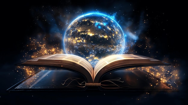 Foto fantasy book of cosmic knowledge un libro aperto con spazio e magia dentro
