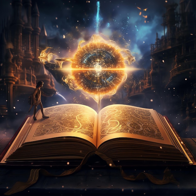 Foto fantasy book of cosmic knowledge un libro aperto con spazio e magia dentro