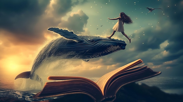 Fantasy book on water Splash Book magic and a dreamy Girl and a whale came from it