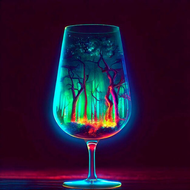 Foto fantasy bos in een wijnglas neon realistische gloed halloween motief