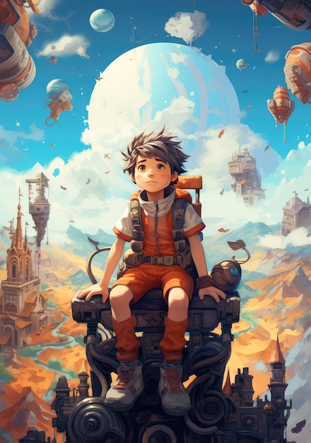 Fantasy a boy sitting with futuristic scene background AI Generative