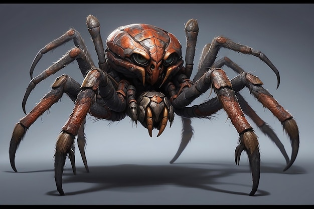 Fantasy Brazilian wandering spider character with six pack body in the ready for war with advanced weapon