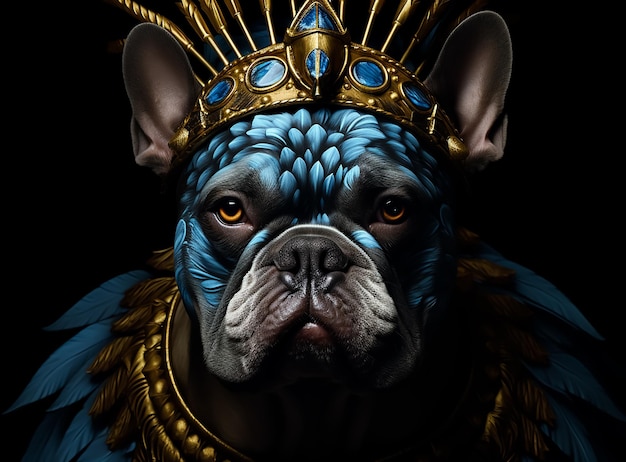 Fantasy bulldog Armor in blue fur and feathers full royal golden accessories