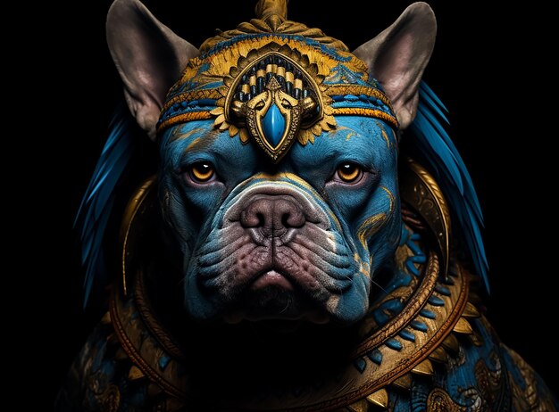 Photo fantasy bulldog armor in blue fur and feathers full royal golden accessories