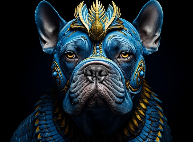 Фантастическая бульдог броня в синем мехо и перьях полный королевский золотой аксессуар