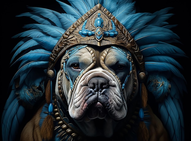 Fantasy bulldog wapenrusting in blauwe vacht en veren volledige koninklijke gouden accessoires