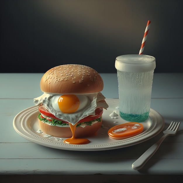 Fantasy burger with egg and drink on plate