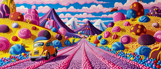 Foto fantasy candy landscape met een vintage auto