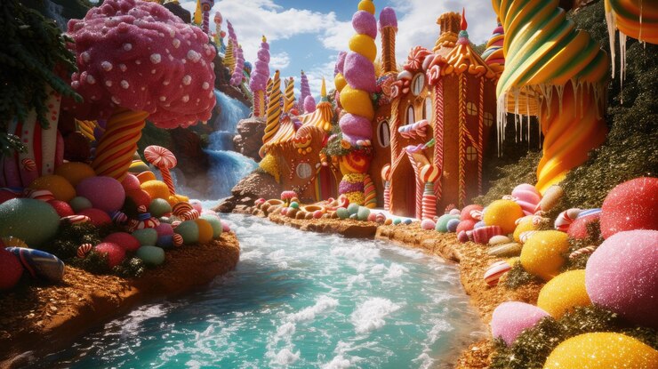 Photo fantasy candy village with sweet river resplendent