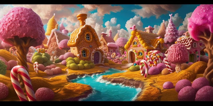 Photo fantasy candy village with sweet river resplendent