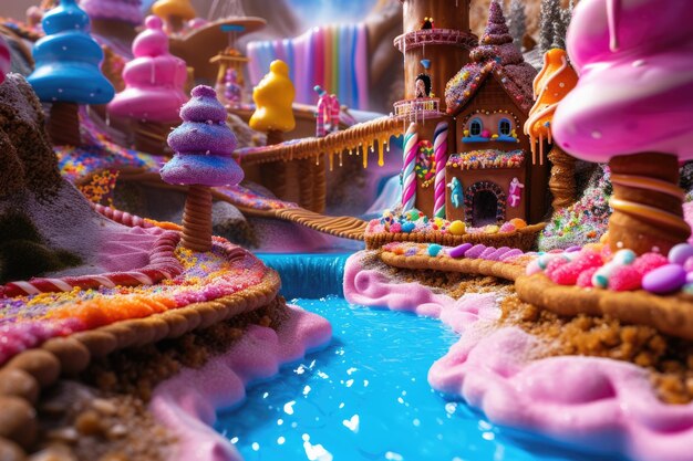 Photo fantasy candy village with sweet river resplendent