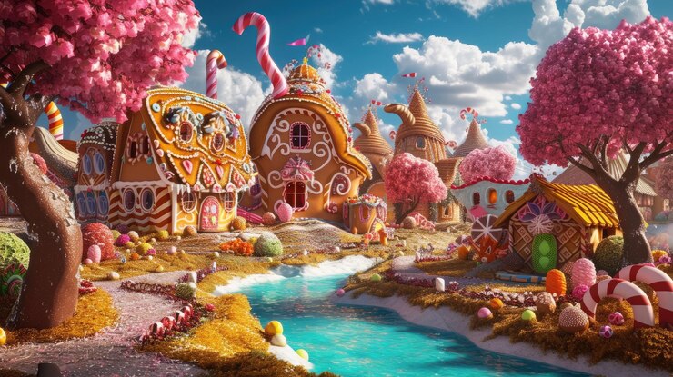 Photo fantasy candy village with sweet river resplendent