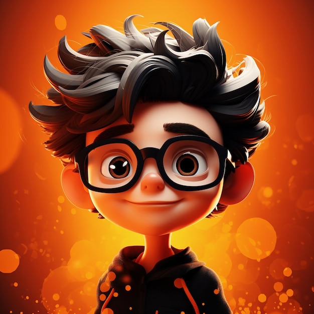 Fantasy cartoon boy character image black glasses orange background