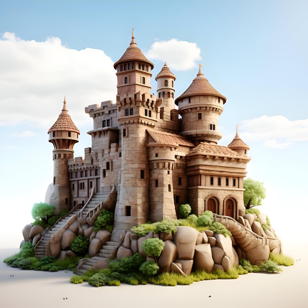 Photo fantasy castle in the form of a sandcastle 3d render