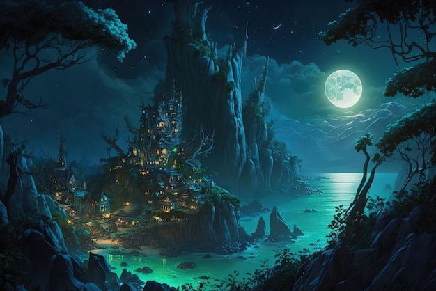 A fantasy castle on a heavily forrested city at night