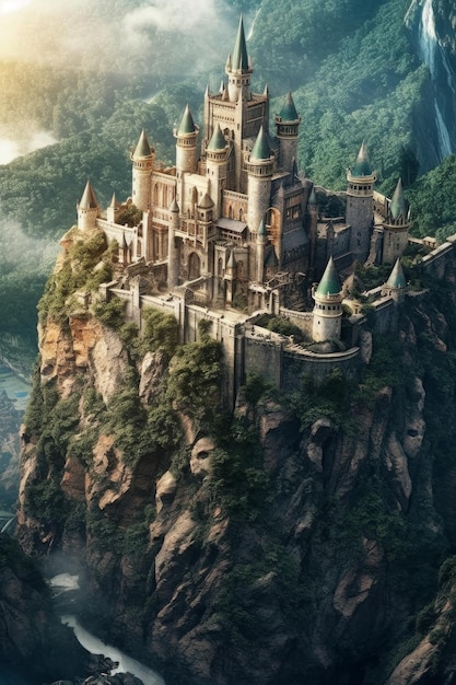 Premium AI Image | A fantasy castle is standing on top of a cliff