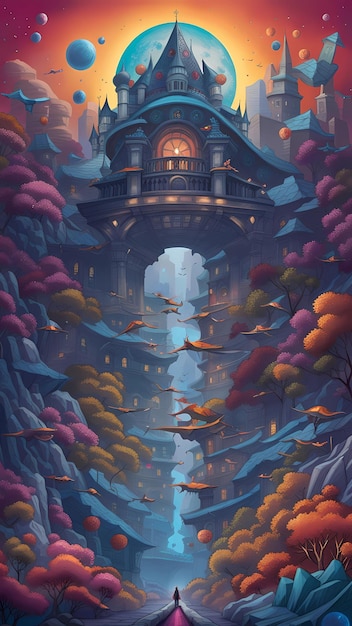 Fantasy castle in night landscape digital illustration