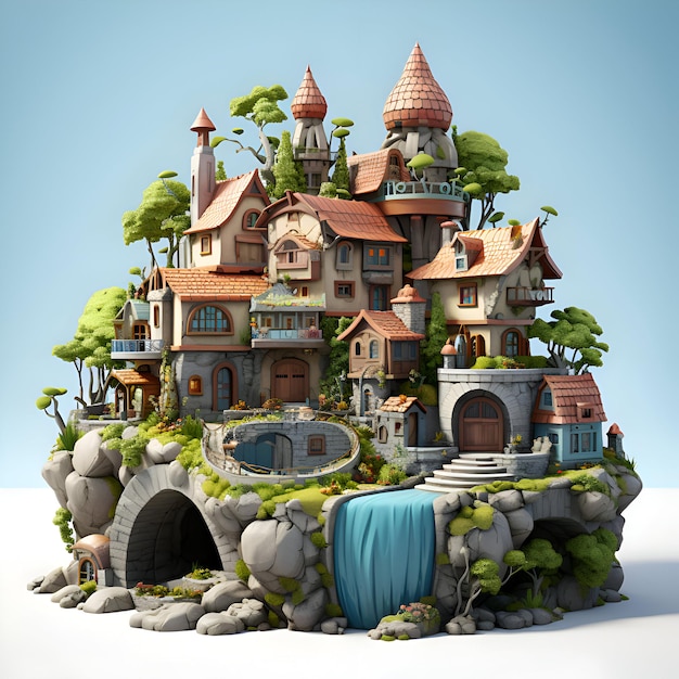 Fantasy castle on the rocks 3d render Illustration