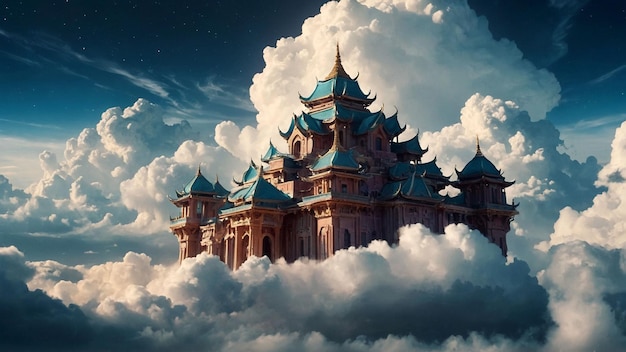A fantasy castle sitting on top of the clouds