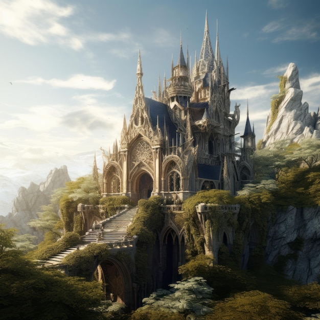 a fantasy castle on top of a mountain