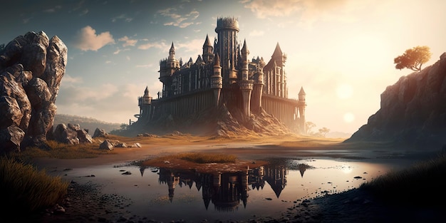 Fantasy Castle Wallpaper mystiek middeleeuws koninkrijk Generatieve AI