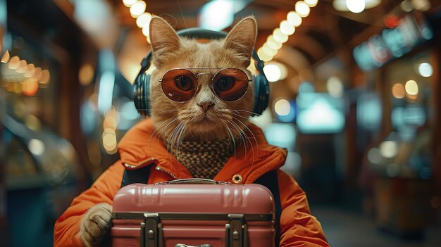 A fantasy cat in sunglasses and headphones holds a pink suitcase in his hands