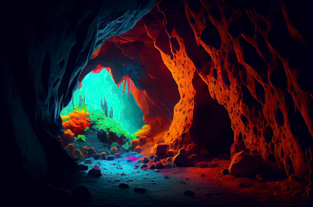 Photo fantasy cave neon colors generative ai