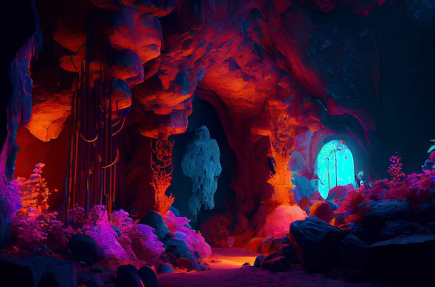 Photo fantasy cave neon colors generative ai